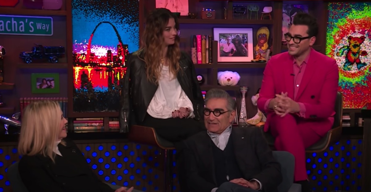 The cast of Schitt's Creek on "Watch What Happens Live With Andy Cohen" in January 2020