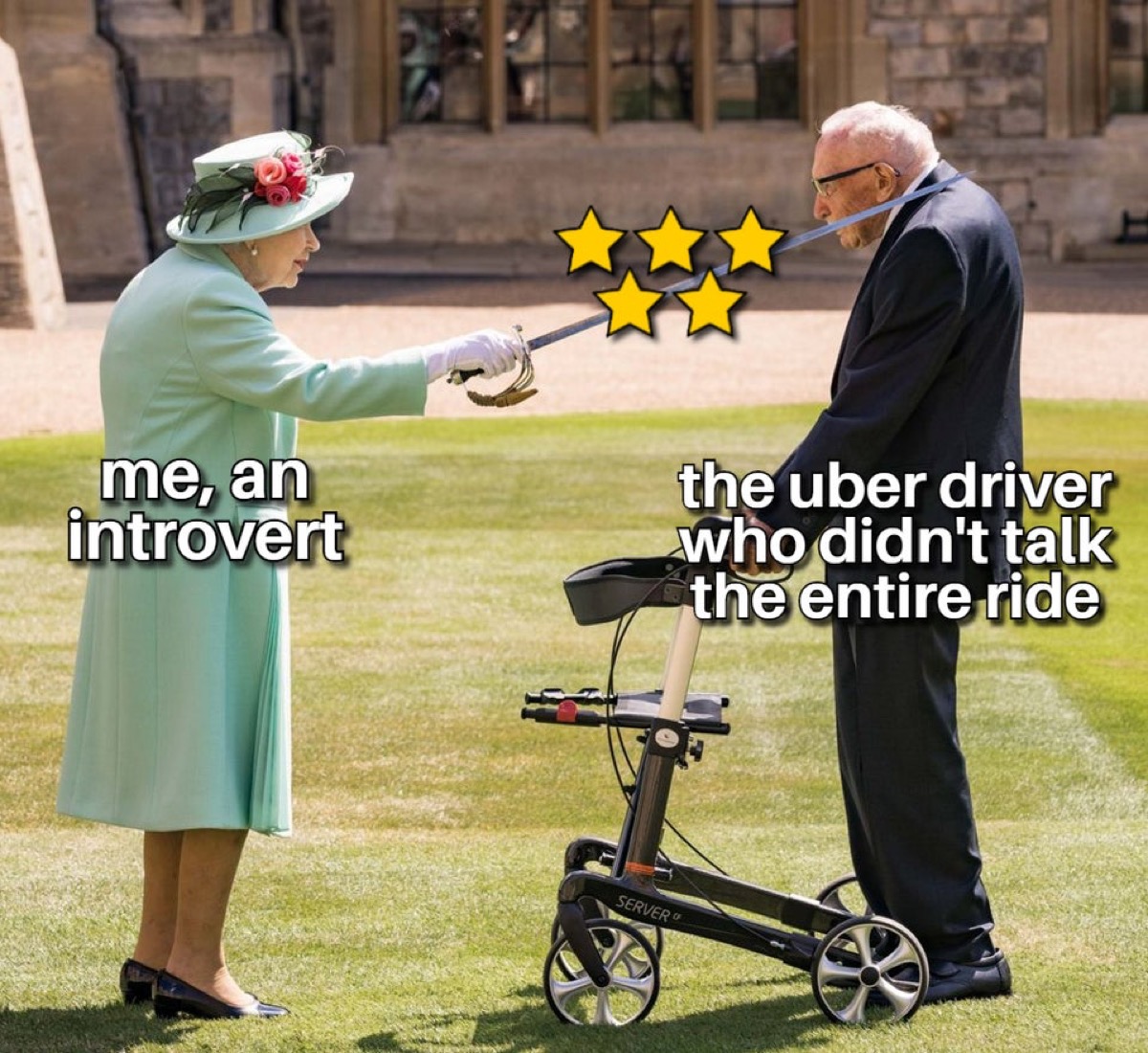 Queen Elizabeth knighting a man with the captions, "Me, an introvert." and "the Uber driver who didn't talk the entire ride."