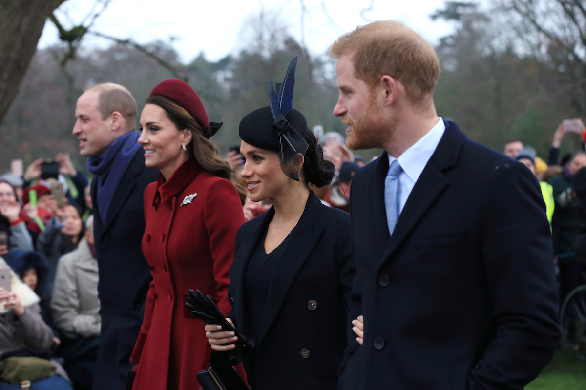Prince William, Duke of Cambridge, Catherine, Duchess of Cambridge, Meghan, Duchess of Sussex and Prince Harry, Duke of Sussex leave after attending Christmas Day Church service at Church of St Mary Magdalene on the Sandringham estate on December 25, 2018 in King's Lynn, England