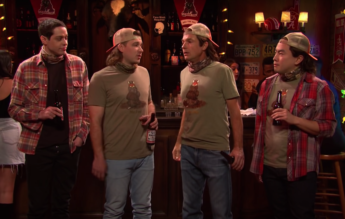 Morgan Wallen appearing in an "SNL" sketch with Pete Davidson, Jason Bateman, and Bowen Yang