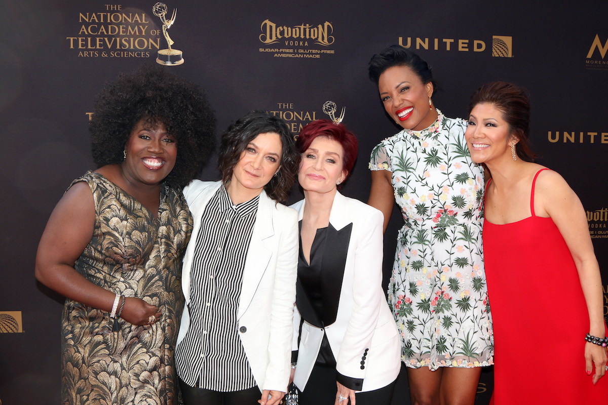 The hosts of "The Talk"—Sheryl Underwood, Sara GIlbert, Sharon Osbourne, Aisha Tyler, and Julie Chen—at the Daytime Emmy Awards in 2016
