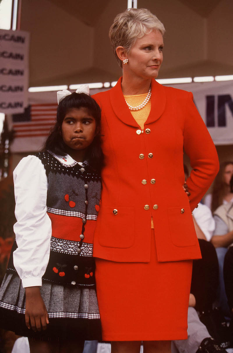 John Mccain Declares His Candidacy For President Of The U.S. John Mccain's Wife, Cindy And Their Daughter Bridget, Age 8.