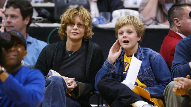 Meg Ryan and Jack Quaid at a Los Angeles Lakers game in 2004