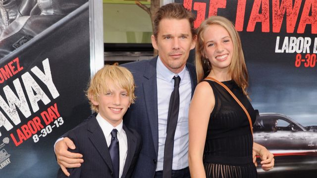 Ethan Hawke with children Levon and Maya at the 2013 premiere of "Getaway"