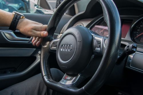 close up of an audi steering wheel