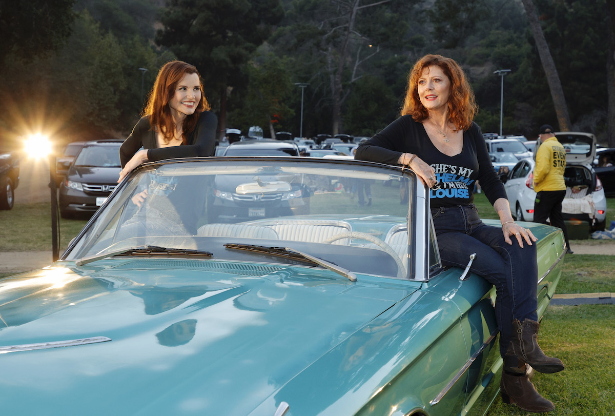 Geena Davis and Susan Sarandon attend "Thelma And Louise" 30th Anniversary drive-in charity screening experience hosted by MGM and Cinespia at The Greek Theatre on June 18, 2021 in Los Angeles, California.