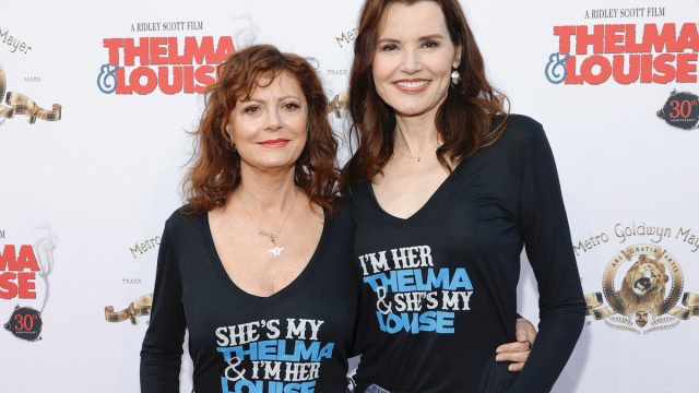 Susan Sarandon and Geena Davis attend "Thelma And Louise" 30th Anniversary drive-in charity screening experience hosted by MGM and Cinespia at The Greek Theatre on June 18, 2021 in Los Angeles, California.