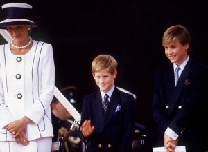 Princess Diana, Prince Harry, And Prince William Watching The Parade Of Veterans On V J Day, The Mall, London.