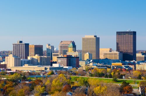 Dayton, Ohio downtown skyline, view taken during Autumn.