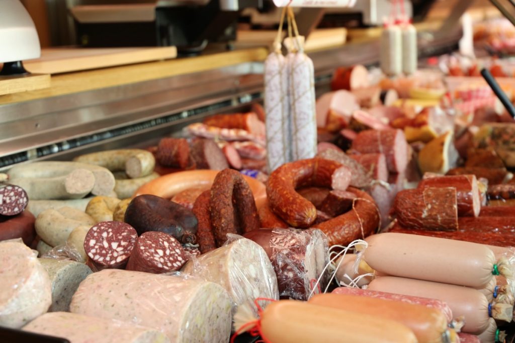 deli case full of sausages