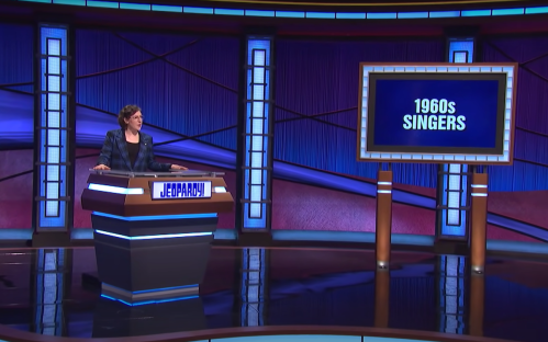 Mayim Bialik hosting "Jeopardy!" in June 2021