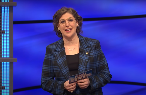 Mayim Bialik hosting "Jeopardy!" in June 2021