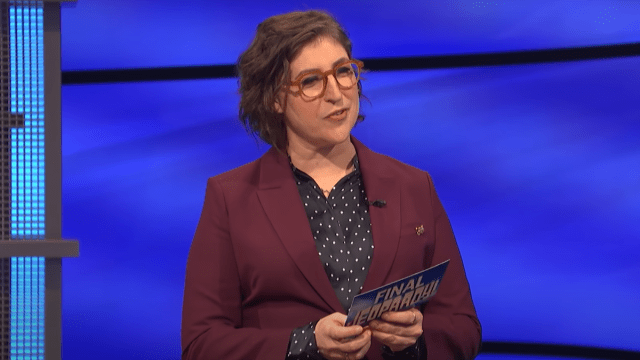 Mayim Bialik hosting "Jeopardy!" in June 2021