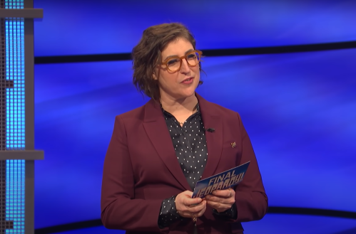 Mayim Bialik hosting "Jeopardy!" in June 2021