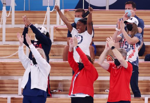 Simone Biles cheering during the Women's vault final at the Tokyo Olympics on August 1, 2021