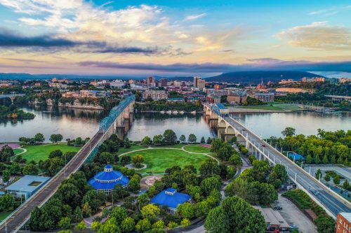 Drone Aerial View of Downtown Chattanooga Tennessee TN Skyline and Tennessee River