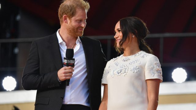 Britain's Prince Harry and Meghan Markle speak during the 2021 Global Citizen Live festival at the Great Lawn, Central Park on September 25, 2021 in New York City.