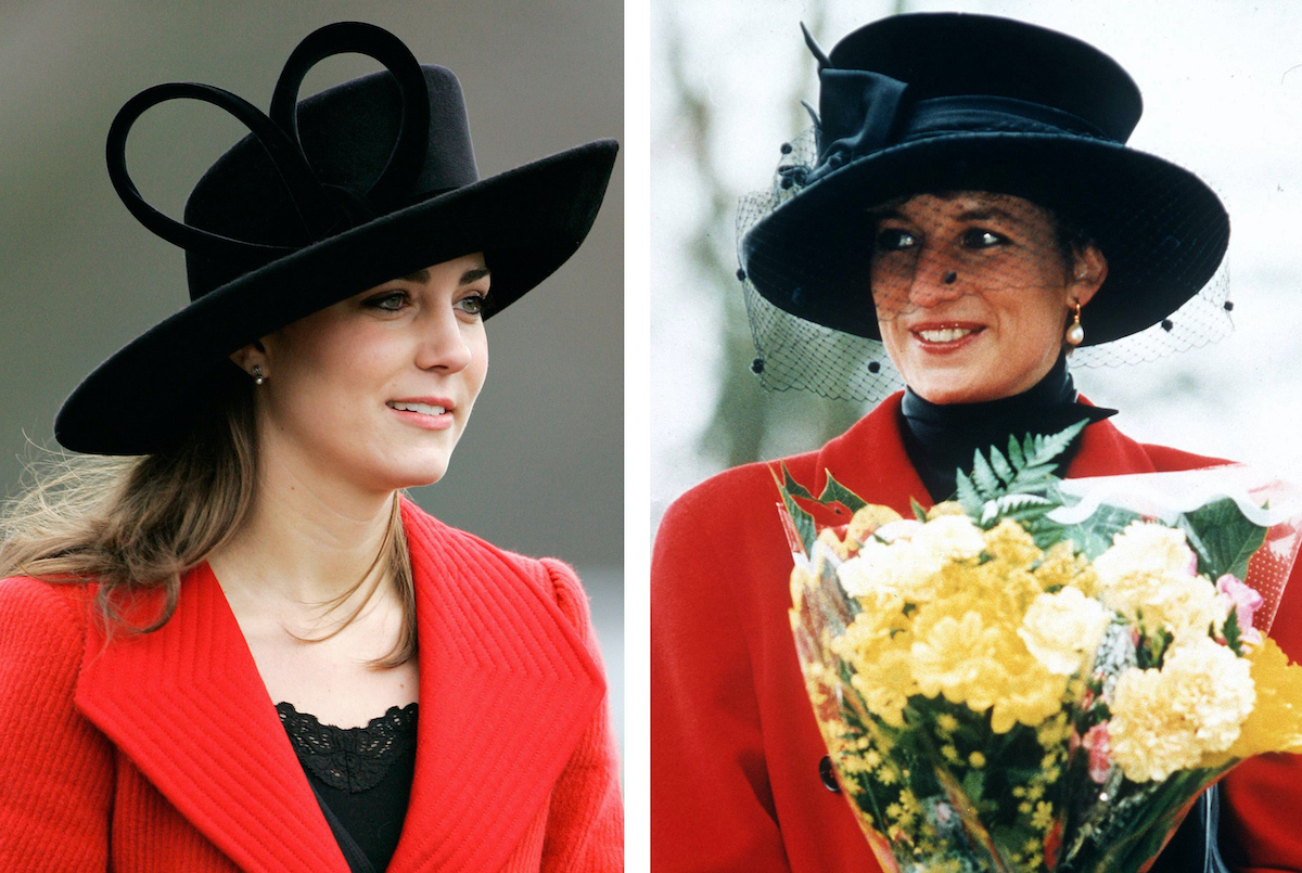 Kate Middleton, Prince William's girlfriend, attends the Sovereign's Parade at Sandhurst Military Academy to watch the passing-out parade on December 15, 2006 in Surrey, England; Princess Diana At Sandringham On Christmas Day. The Princess Is Wearing A Red Coat And A Broad-brimmed Black Hat. She Is Carrying A Bouquet Of Flowers.