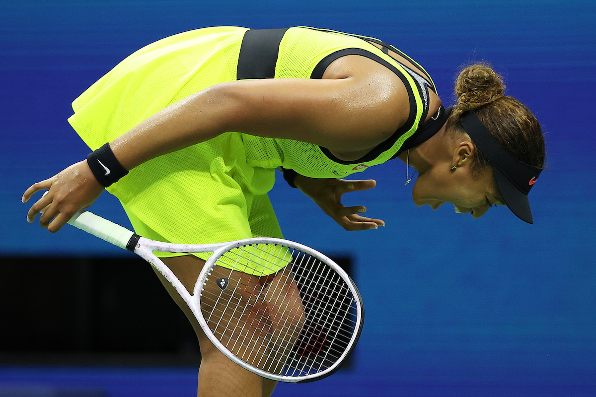 Naomi Osaka of Japan reacts to a lost point during a tie break against Leylah Fernandez of Canada during her Women's Singles third round match on Day Five of the US Open at USTA Billie Jean King National Tennis Center on September 03, 2021 in New York City.