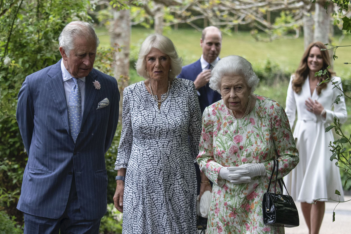 Prince Charles, Prince of Wales, Camilla, Duchess of Cornwall, Queen Elizabeth II, Prince William, Duke of Cambridge and Catherine, Duchess of Cambridge arrive for a drinks reception for Queen Elizabeth II and G7 leaders at The Eden Project during the G7 Summit on June 11, 2021 in St Austell, Cornwall, England.