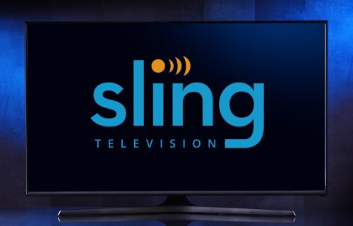 Flat Screen TV with the Sling TV logo on it