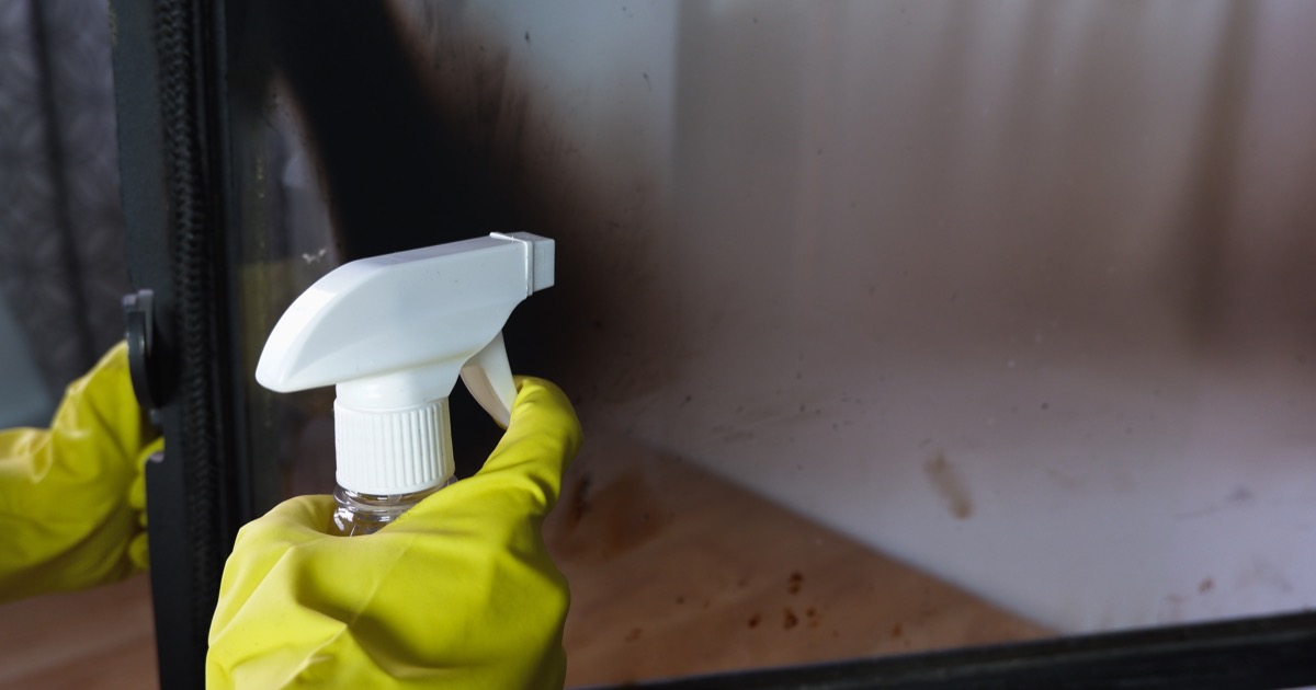 person spraying cleaning fluid into fireplace