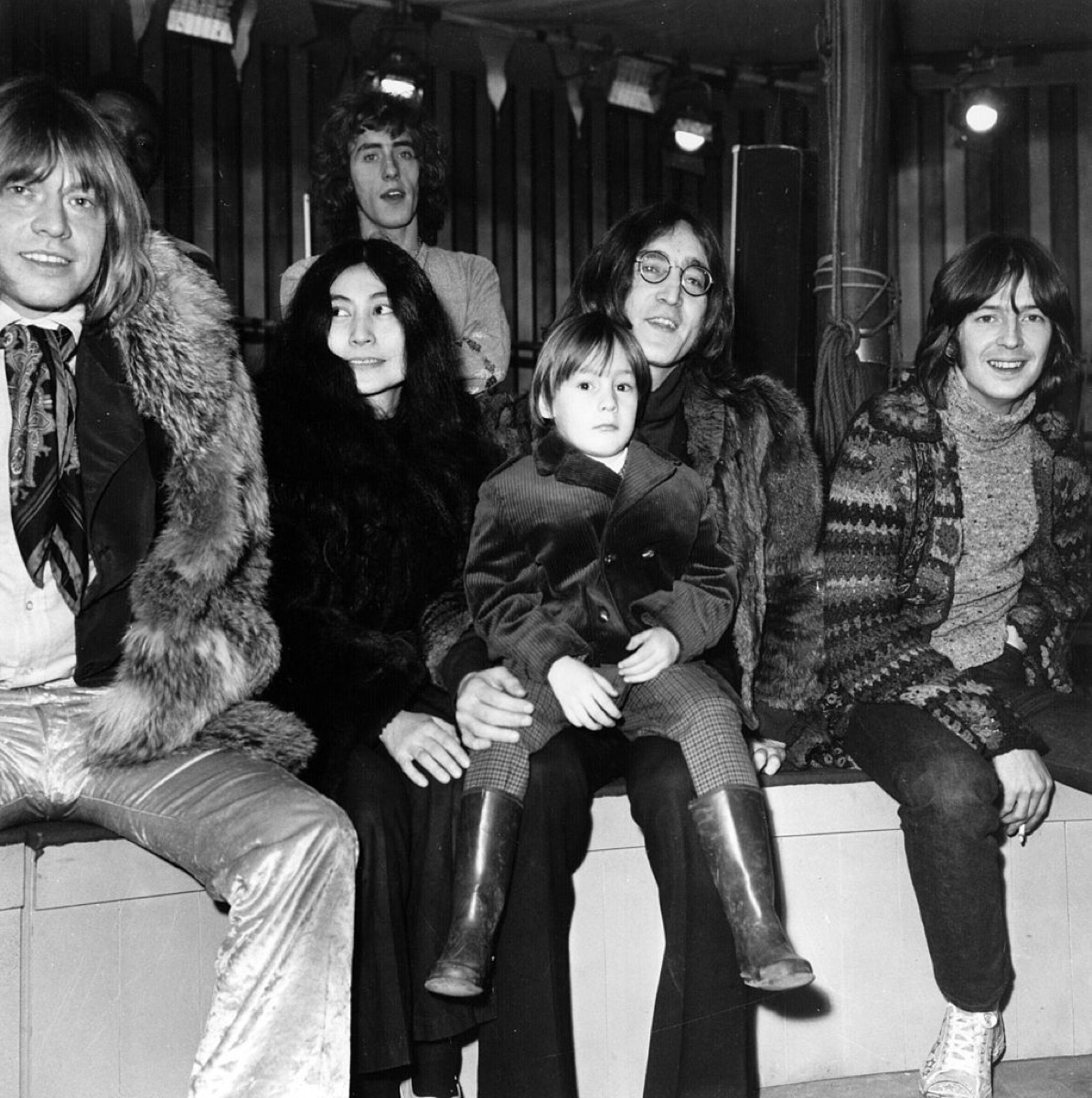 brian jones, yoko ono, john lennon, julian lennon, eric clapton, and roger daltrey at rock n roll circus