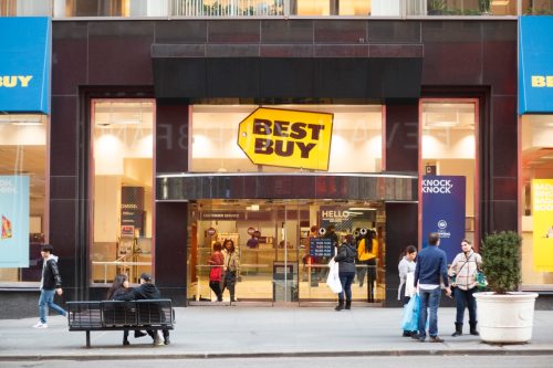 New York, New York, USA - February 20, 2016: The Best Buy on Fifth Avenue in midtown Manhattan. Best Buy is a national home electronics retailer. People can be seen.