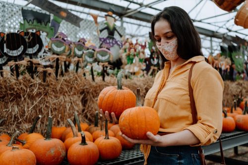 Woman on farm buying Halloween decoration
