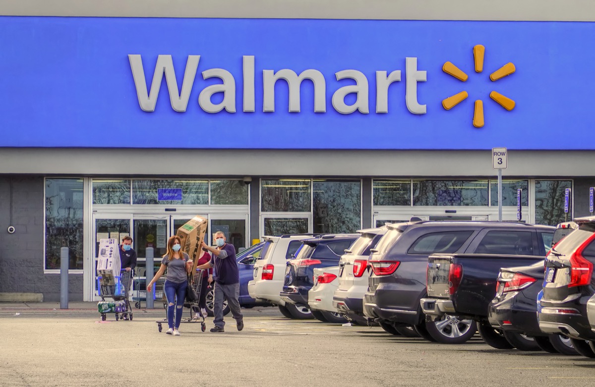Walmart store shoppers wear corona virus protective masks, Peabody Massachusetts USA, May 2, 2020