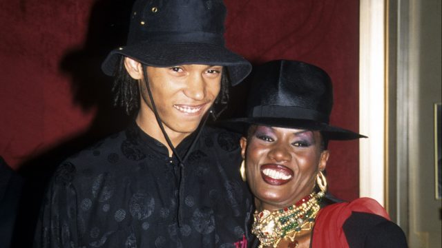 Paulo Goude (son) and Grace Jones at Planet of the Apes Zeigfield premiere, New York, July 23, 2001. (Photo by Steve Eichner/Getty Images)