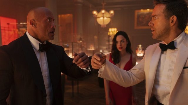 Dwayne Johnson, Gal Gadot, and Ryan Reynolds in Red Notice