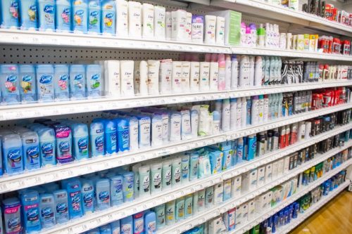 deodorant aisle in pharmacy or supermarket