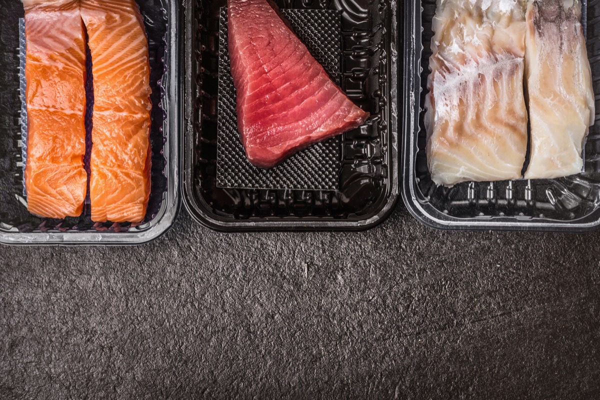 three fish filets in styrofoam packaging