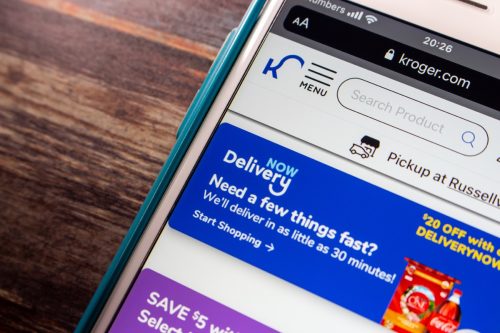 Kumamoto, JAPAN - Oct 25 2021 : Kroger Delivery Now on Kroger website on iPhone. Kroger and Instacart launch a new delivery service "Kroger Delivery Now" in late 2021