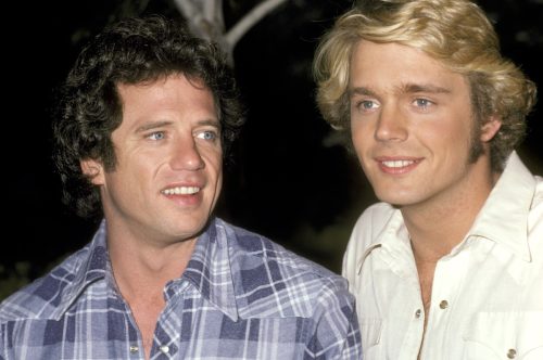 Tom Wopat and John Schneider during a press conference to announce their return to "The Dukes of Hazzard" in 1983