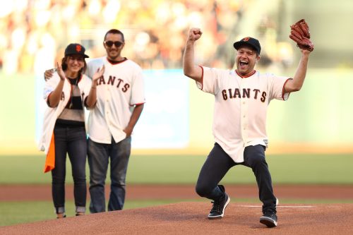 Zelda, Cody, and Zak Williams at Game Five of the 2014 World Series while Zak throws out the first pitch