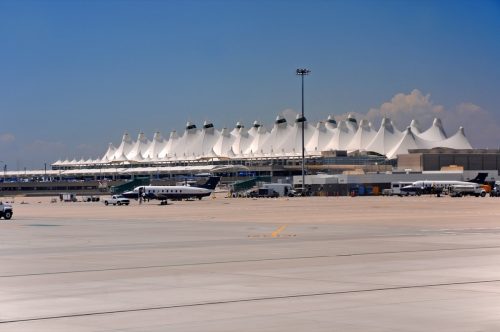 Denver airport with airplanes out front