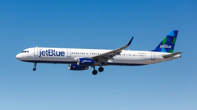 JetBlue Airbus A321 airplane at Los Angeles International Airport in California. Airbus is a European aircraft manufacturer based in Toulouse, France.