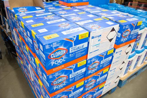 A view of several packs of Clorox pool shock, on display at a local big box grocery store.