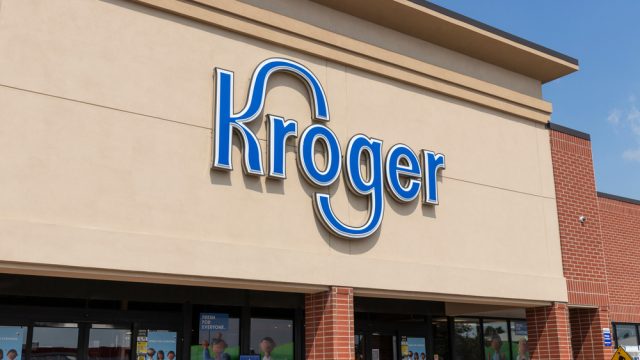 The entrance to a Kroger supermarket