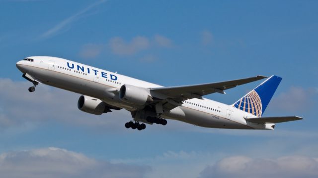 United Airlines Boeing 777 (N774UA) taking off on April 10, 2014 at London Heathrow Airport, London, UK.