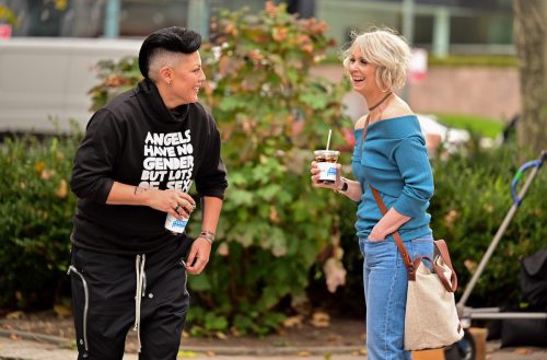 Sara Ramirez and Cynthia Nixon filming "And Just Like That" in November 2021