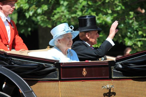 Queen Elizabeth in a carriage with Prince Philip during Trooping the Colour 2017