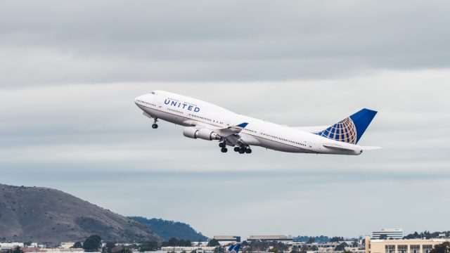 United Airlines Boeing 747 airplane at the San Francisco International Airport takeoff in San Francisco, United States