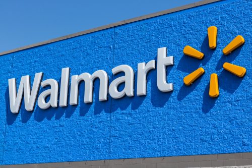The exterior sign of a Walmart store