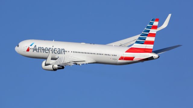 An American Airlines Boeing 767-300 with the registration N349AN taking off from Barcelona Airport (BCN) in Spain. American Airlines is the world's largest airline with 619 aircraft and 108 million passengers. It is headquartered in Fort Worth, Texas.