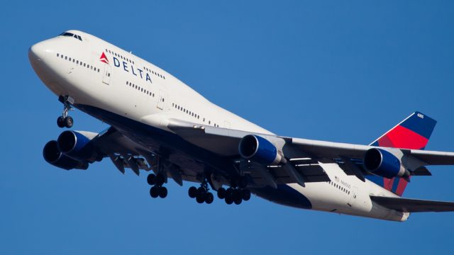 A Delta Air Lines plane in mid-flight