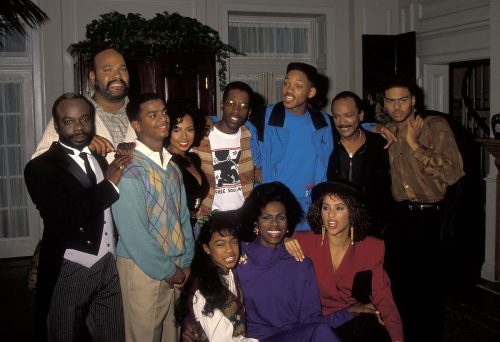 The cast of "Fresh Prince" with Kadeem Hardison, Quincy Jones, and Al. B Sure in 1990