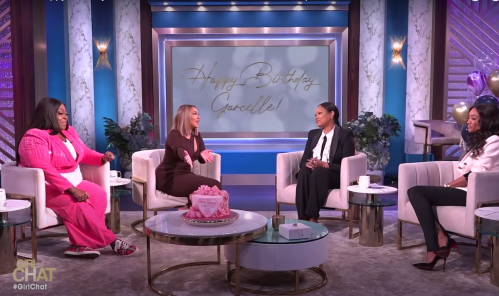 Loni Love, Adrienne Bailon, Garcelle Beauvais, and Tami Roman hosting "The Real" in November 2021